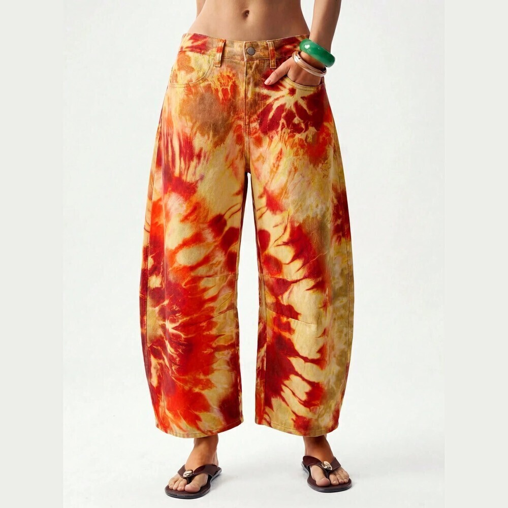 Orange Digital Tie Dye Print Cropped Barrel Leg Denim Jeans